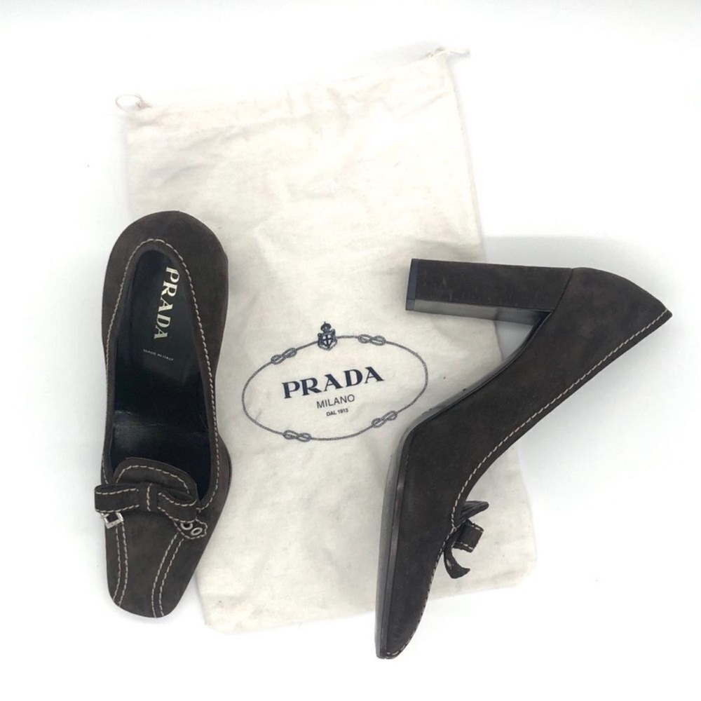 Prada Women's Dark Brown Leather  Suede Heels